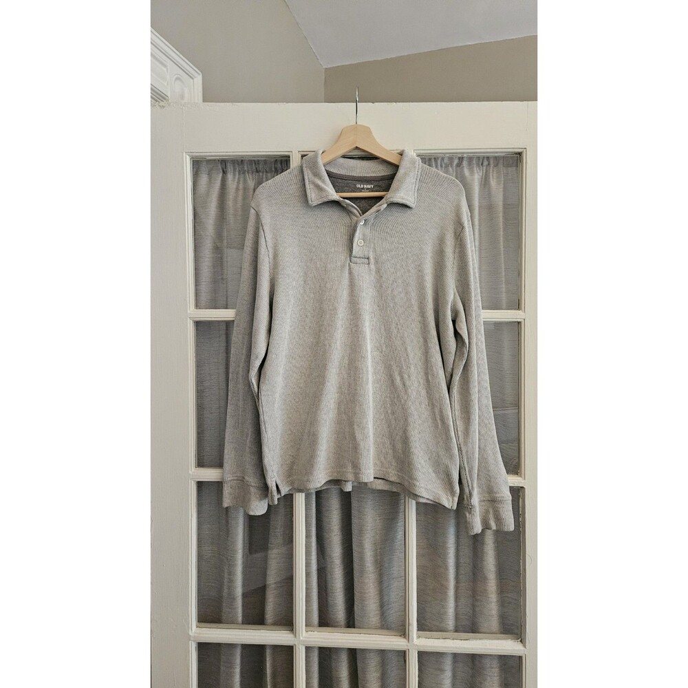 Old Navy Mens Medium Gray/Taupe Ribbed Long Sleeve Polo Shirt Soft Washed
